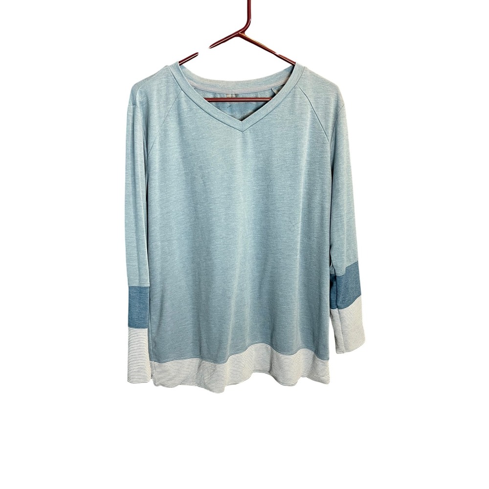 Womens Long Sleeve V Neck Top Blue Striped Cuffs Colorblock Casual Size XL